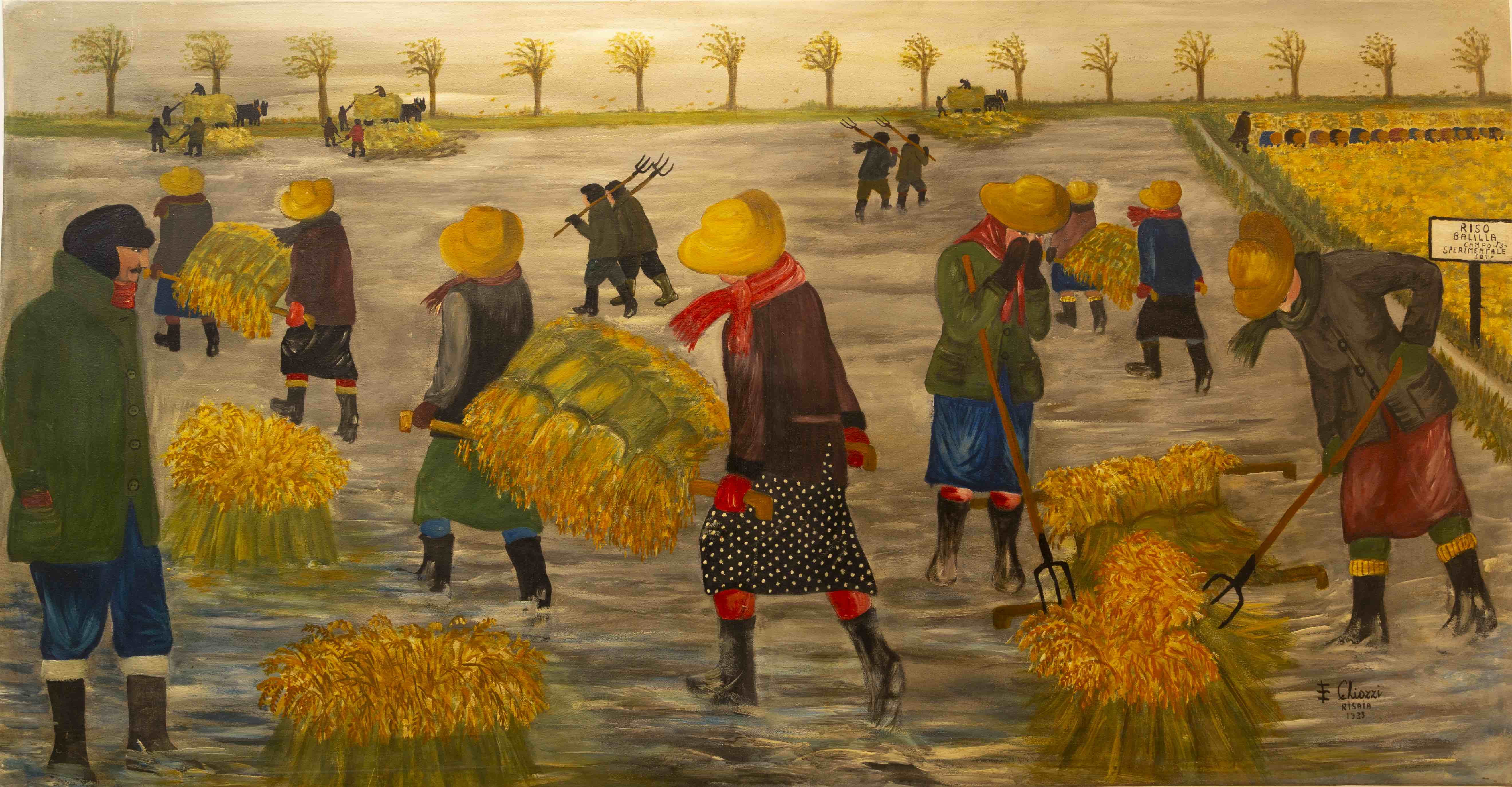 Fig. 4. Ermanna Chiozzi, <i>Mietitura del riso in autunno</i>, tecnica mista su tela, 80x150 cm, Collezione privata.
